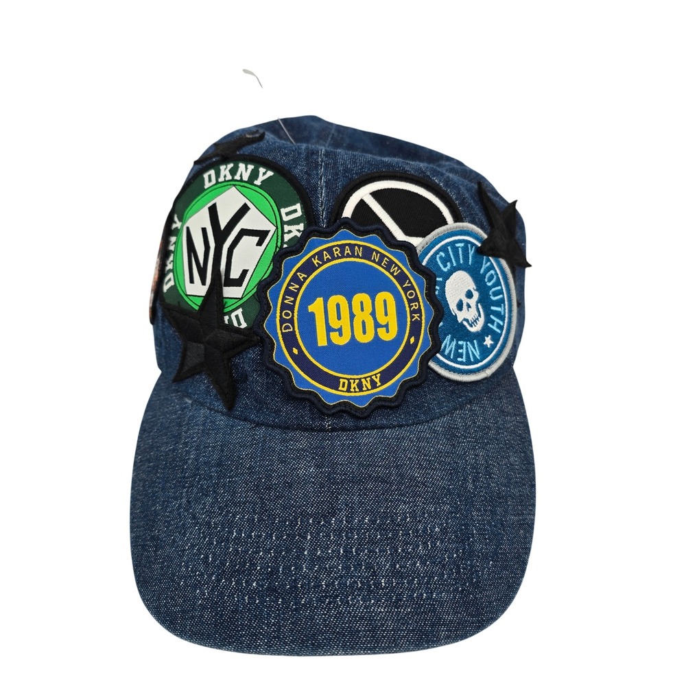 DKNY Mens Denim Multi Patch Baseball Cap Hat Blue 1SZ D5WH1582